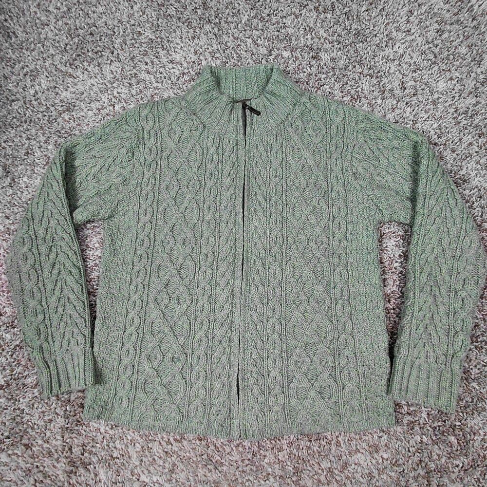 Inis Crafts Sweater Womens Large Cable Knit Fisherman Merino Wool Full Zip
